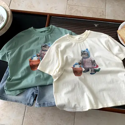 Boys Summer Cotton T-Shirt Mint Green Cat Print