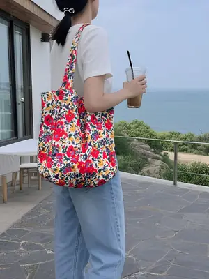 Retro Floral Canvas Bag for Women Travel Beach Shopping