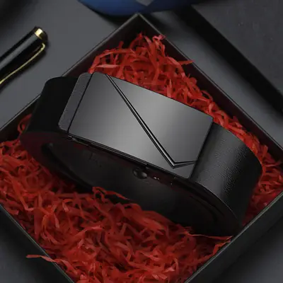 Men's Black Genuine Leather Belt with Automatic Buckle