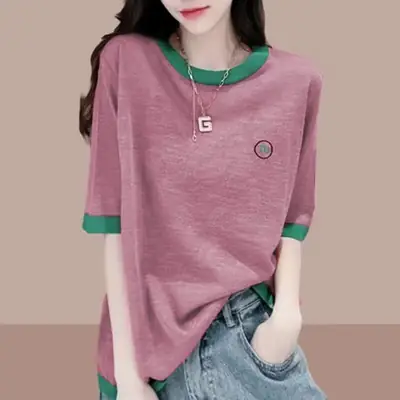 Short-Sleeved Bamboo Cotton T-Shirt for Women 2025 Spring and Summer New Thin Large Size Loose Casual Splicing Half-Sleeved Tops for Women