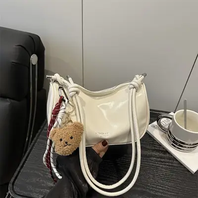 Women's White Crossbody Bag with Teddy Bear Decor