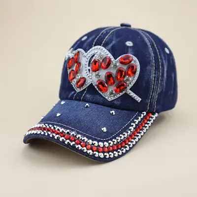Blue Heart Rhinestone Denim Cap for Girls