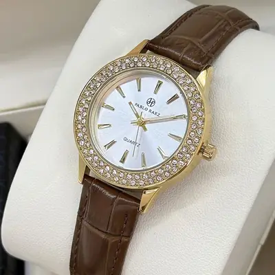 Faux Diamond Watch for Women Brown Leather Strap