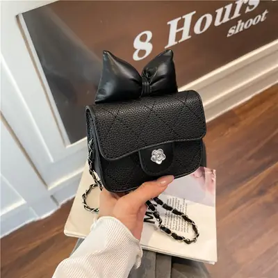 2025 Girls Bow Crossbody Bag Black Embroidered
