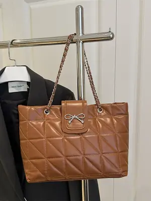 Brown Quilted Chain Tote Bag Large Capacity 2026