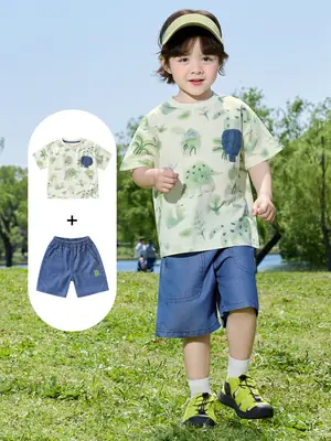 Baby Boys Green Dinosaur T-Shirt Denim Shorts 360°