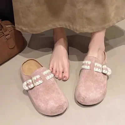 Women's Toe Cap Half Slippers Yellow Suede 2025