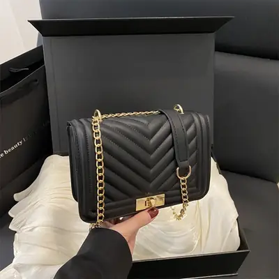 Black Quilted Chain Shoulder Bag for Women 2025