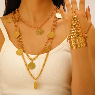 Desert Stars. Cross-Border Retro Gold Metal Multi-Layer Necklace Bracelet Set Ethnic Style Heavy Industry Celebration Jewelry
