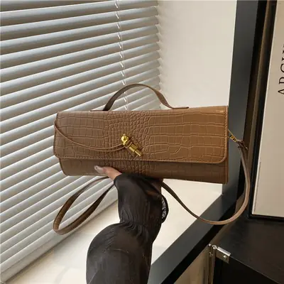 Brown Croc Leather Crossbody Bag with Gold Clasp