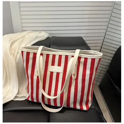 Women Striped Canvas Shoulder Bag 2025 Spring Large Capacity