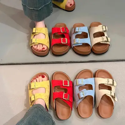 Women's Beige Birkenstock Slippers with Buckle Strap