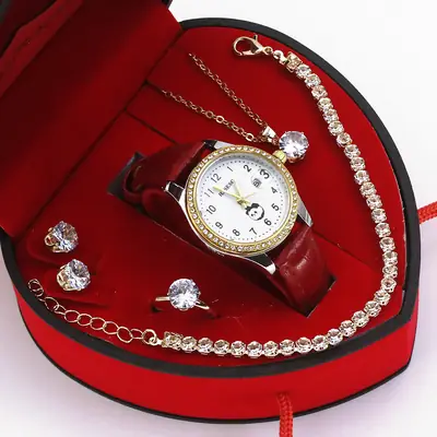 Four-Piece Watch Jewelry Set for Women Red Box