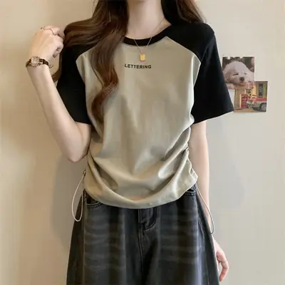 Short-Sleeved T-Shirt for Women, Summer Printed Letter Bottoming Shirt, Large Size Slimming Look Casual Right Shoulder Contrast Drawstring Top for Outer Wear