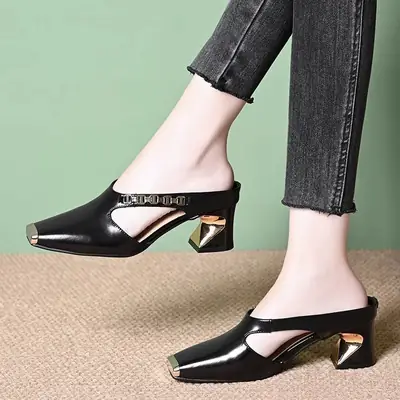 Black Square Toe Women's Flat Mules with Heel