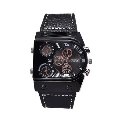 Quartz Watch with 3 Movements Black Leather Strap