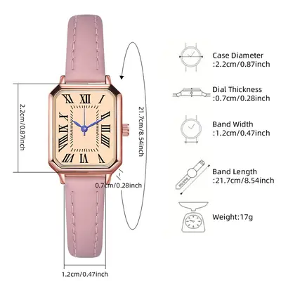 Women's Roman Square Watch with Leather Strap, Rose Gold, Quartz