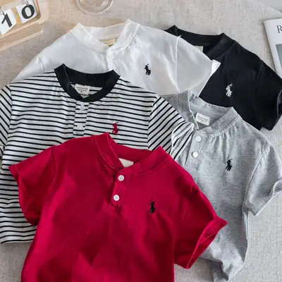 Kids V-Neck Short Sleeve T-Shirt Grey Korean Style