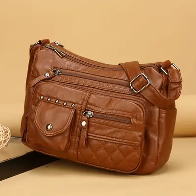 Women's Brown Quilted Leather Shoulder Bag with 5 Compartments