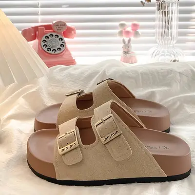 Women's Beige Buckle Strap Sandals Flat