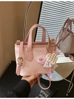 Pink Butterfly Crossbody Bag with Pearl Decor