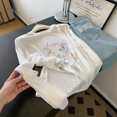 White Thin Slightly See-Through Printed Long-Sleeved Sun Protection Blouse T-Shirt Women's Popular Summer Beautiful Top Export Wholesale