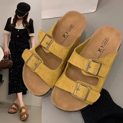 Women Summer Sandals Birkenstock Beige Thick Soled Lazy Slippers