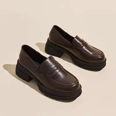 Women Brown Leather Platform Loafers with Thick Heel
