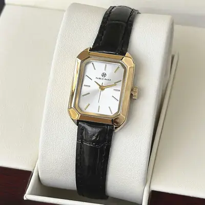Women's Square Gold Watch Black Leather Belt