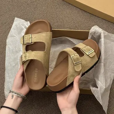 Women's Beige Leather Platform Slippers with Buckle Strap
