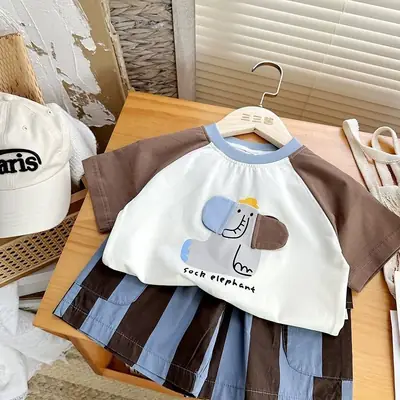 Kids Cartoon Raglan Sleeve T-Shirt with Striped Shorts Set