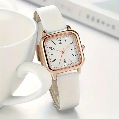 Retro Women's Green Leather Quartz Watch Small Square Rose Gold
