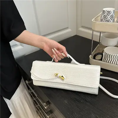 White Diagonal Lock Crossbody Bag for Women