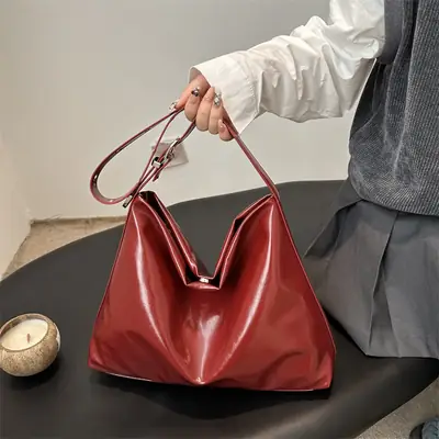 Women's Red Glossy Shoulder Bag with Adjustable Strap