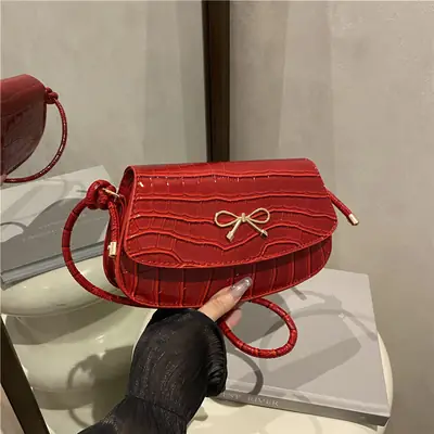 Red Bowknot Croc Texture Crossbody Bag for Women