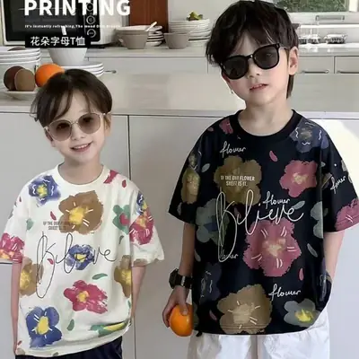 Boys Floral Short Sleeve Kids T-Shirt 2026 Summer