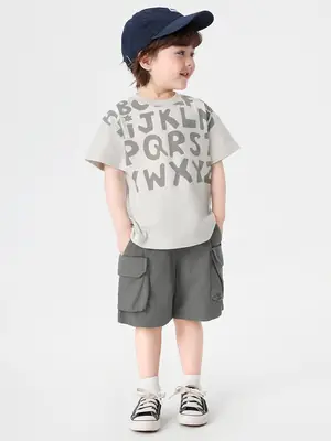 Right European Boys' T-Shirt Shorts Set Summer Cotton Grey