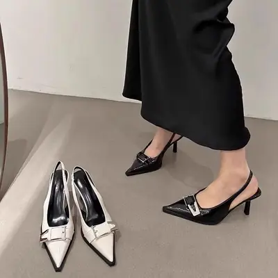 Women's White Leather Stiletto Sandals with Buckle Strap