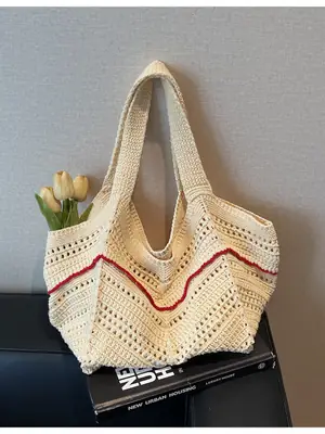 Handwoven Women's Crossbody Bag with Red Trim