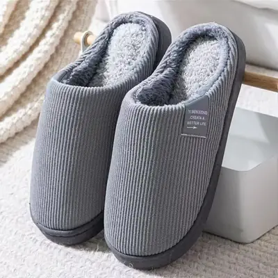 Men Women Grey Wool Slippers Winter Warm Non-Slip