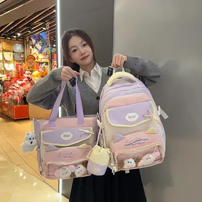 Pink Cute Student School Backpack Set with Crossbody Bag