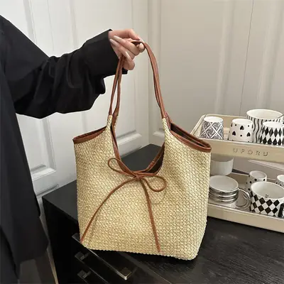 Women's Straw Shoulder Bag with Brown Leather Trim