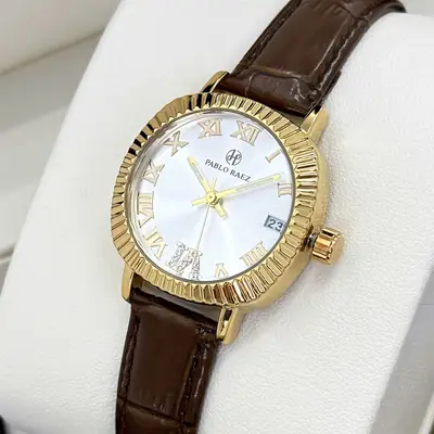 Women's Gold Plated Watch with Brown Leather Strap