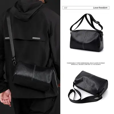 New Men's Lightweight Leather Crossbody Bag Black