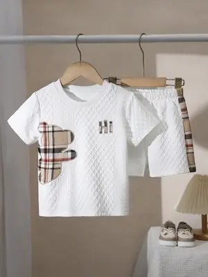 White Plaid Bear Print Kids Shorts Suit Summer Wear
