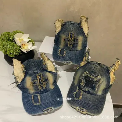 American Retro Denim Baseball Cap with Frayed Ears