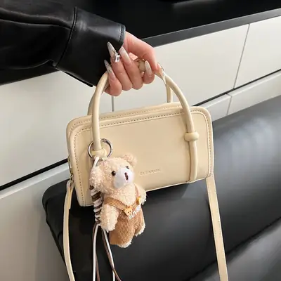 Cute Girl's Square Bag with Teddy Bear Keychain