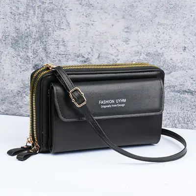 Korean Style Black Crossbody Phone Bag with Double Zip