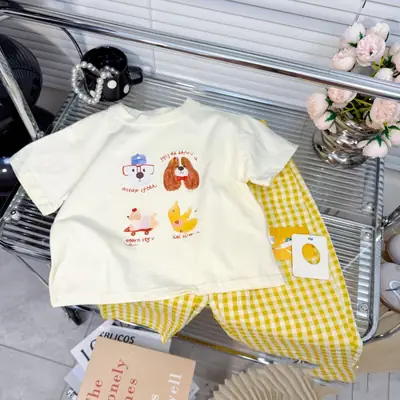 Korean Girls Cartoon T-Shirt Yellow Check Pants 2025