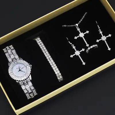 British Women's Diamond Watch Set with Cross Earrings